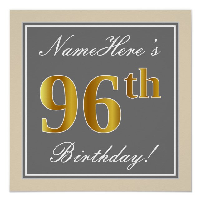 Elegant, Grey, Faux Gold 96th Birthday + Name Poster (Front)