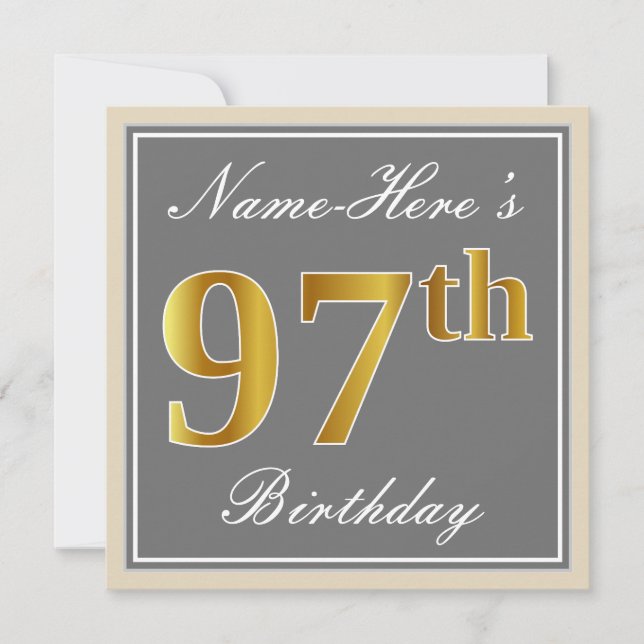 Elegant, Grey, Faux Gold 97th Birthday + Name Invitation (Front)