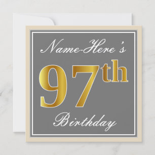 Elegant, Grey, Faux Gold 97th Birthday + Name Invitation