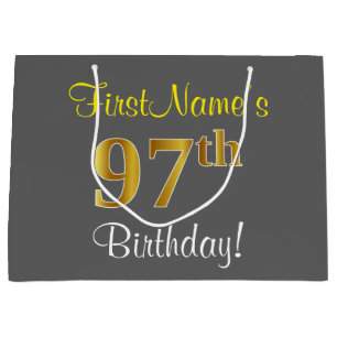 Elegant, Grey, Faux Gold 97th Birthday + Name Large Gift Bag