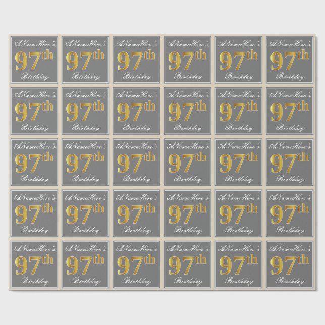 Elegant, Grey, Faux Gold 97th Birthday + Name Wrapping Paper (Flat)