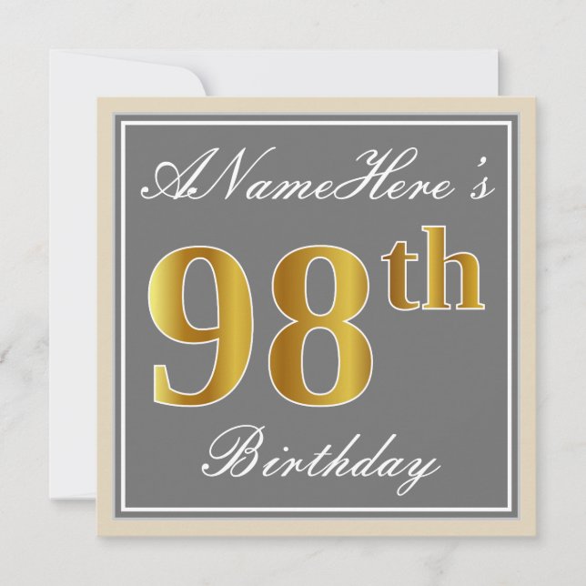 Elegant, Grey, Faux Gold 98th Birthday + Name Invitation (Front)