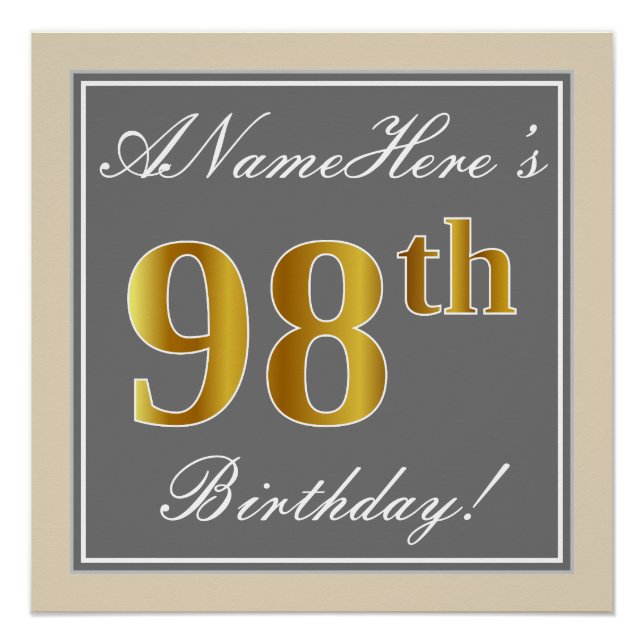 Elegant, Grey, Faux Gold 98th Birthday + Name Poster (Front)