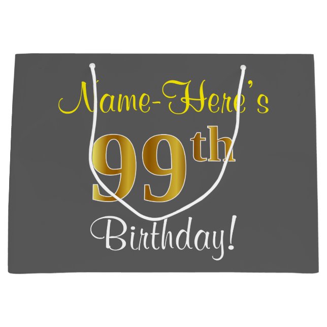 Elegant, Grey, Faux Gold 99th Birthday + Name Large Gift Bag (Front)