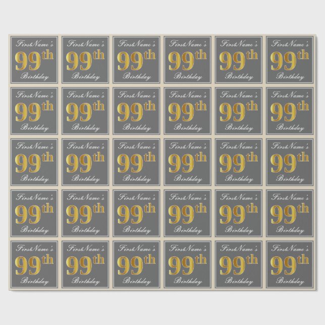 Elegant, Grey, Faux Gold 99th Birthday + Name Wrapping Paper (Flat)