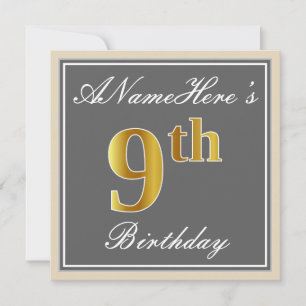 Elegant, Grey, Faux Gold 9th Birthday; Custom Name Invitation