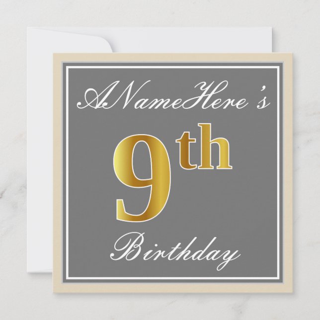 Elegant, Grey, Faux Gold 9th Birthday; Custom Name Invitation (Front)