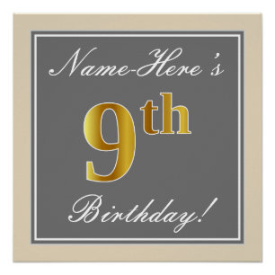 Elegant, Grey, Faux Gold 9th Birthday; Custom Name Poster