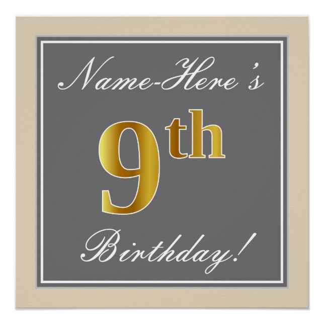 Elegant, Grey, Faux Gold 9th Birthday; Custom Name Poster (Front)