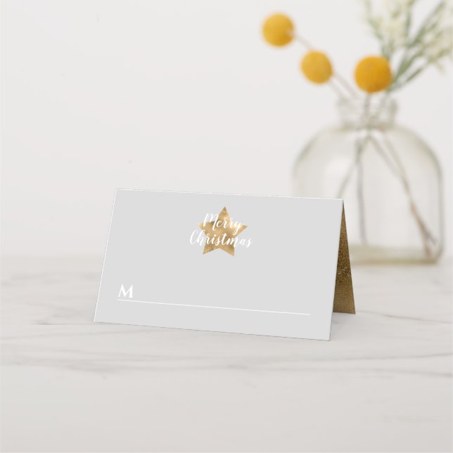 Elegant Grey Faux Gold Star Merry Christmas Place Card (Front)
