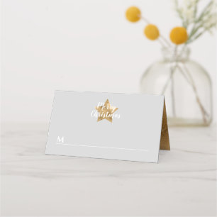 Elegant Grey Faux Gold Star Merry Christmas Place Card