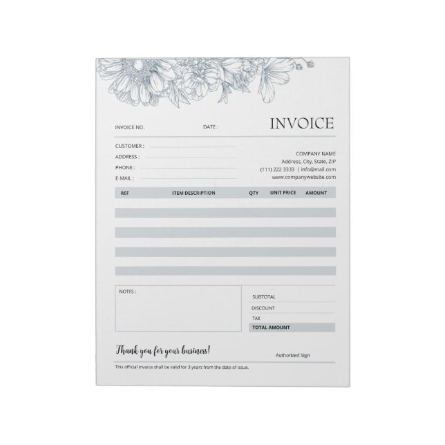 Elegant Grey Floral Line Business Invoice Template Notepad (Rotated)