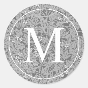Elegant Grey Floral Monogram Classic Round Sticker