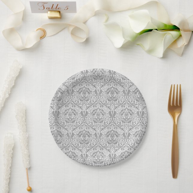 Elegant Grey Floral Pattern Paper Plate (Wedding)