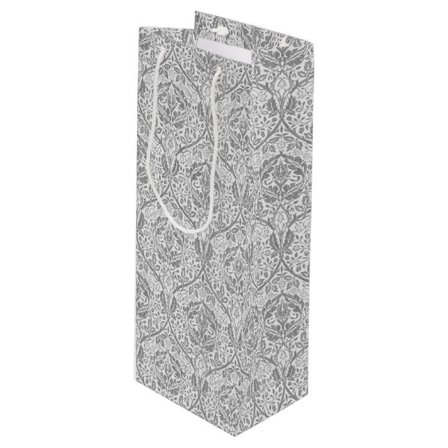 Elegant Grey Floral Pattern Wine Gift Bag (Front Angled)
