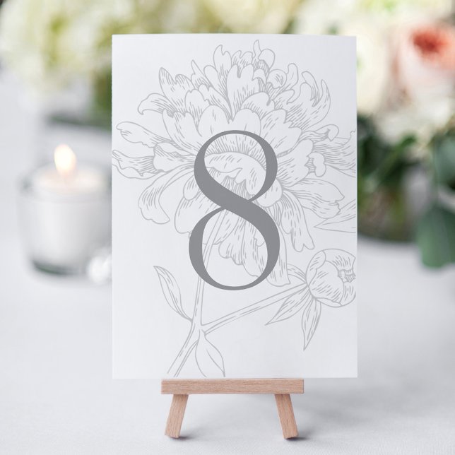 Elegant Grey Floral Peony Wedding Table Number (Creator Uploaded)