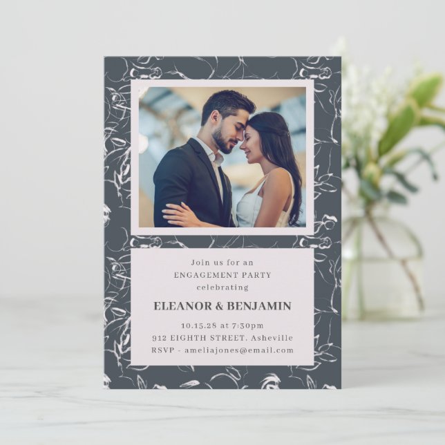 Elegant Grey Floral Photo Border Engagement Party Invitation (Standing Front)