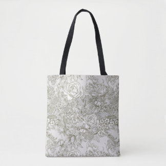 Elegant Grey Floral Toile Tote Bag