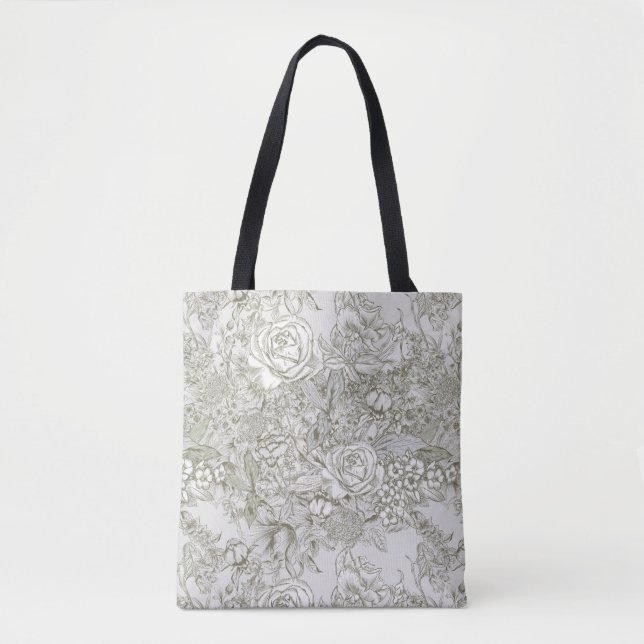 Elegant Grey Floral Toile Tote Bag (Front)