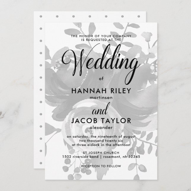 Elegant Grey Floral with Dots Wedding Invitation (Front/Back)