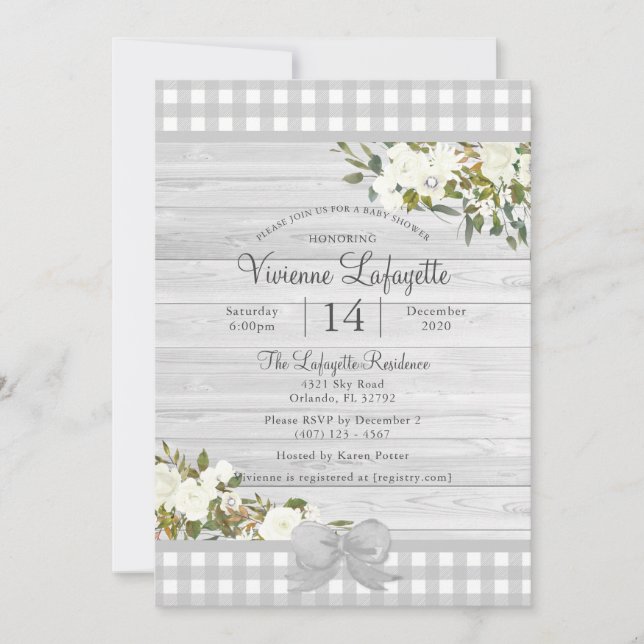 Elegant Grey Gingham Floral Baby Shower Invitation (Front)
