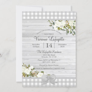 Elegant Grey Gingham Floral Baby Shower Invitation