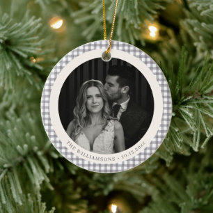 Elegant Grey Gingham Wedding Photo Holiday Couple Ceramic Tree Decoration