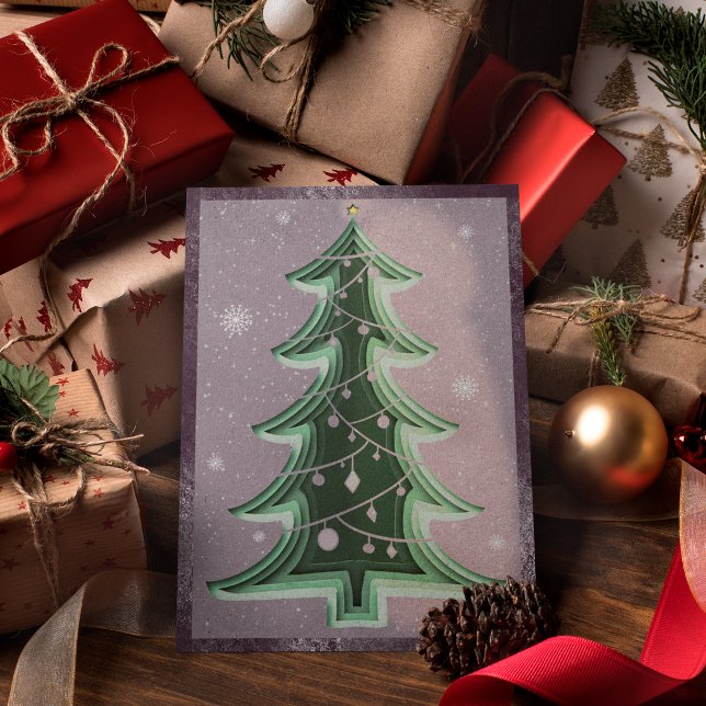Elegant Grey Glitter Papercut Christmas Tree Holiday Card (Front)