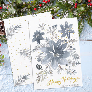 Elegant Grey Gold Berry Bough Watercolor Floral Holiday Card