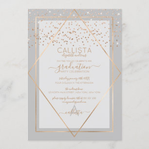 Elegant Grey Gold Confetti Border Graduation Invitation