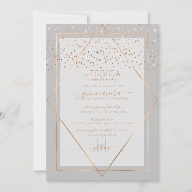 Elegant Grey Gold Confetti Border Quinceañera Invitation (Front)