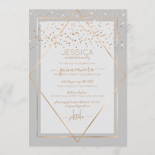 Elegant Grey Gold Confetti Border Quinceañera Invitation