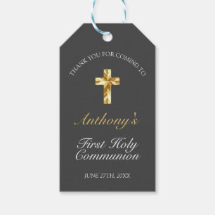 Elegant Grey Gold Cross 1st Communion   Gift Tags
