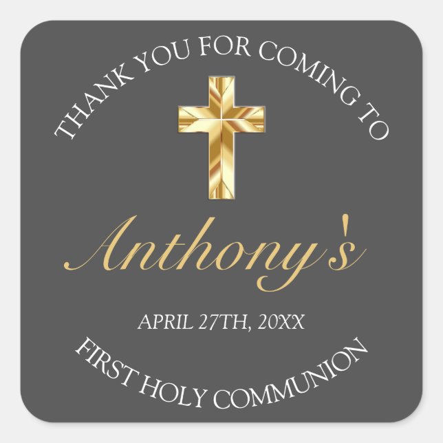 Elegant Grey Gold Cross 1st Communion  Square Sticker (Front)