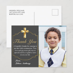 Elegant Grey Gold Cross 1st Communion Thank You Postcard