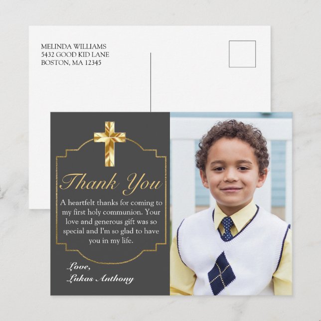 Elegant Grey Gold Cross 1st Communion Thank You Postcard (Front/Back)