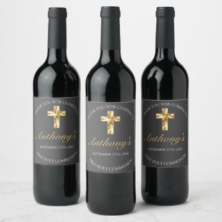 Elegant Grey Gold Cross 1st Communion Wine Label