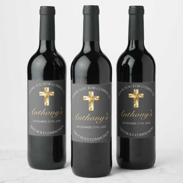 Elegant Grey Gold Cross 1st Communion Wine Label (Bottles)