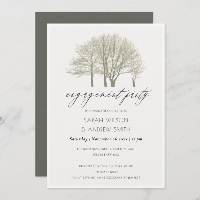 ELEGANT GREY GOLD FALL AUTUMN TREE ENGAGEMENT CARD (Front/Back)