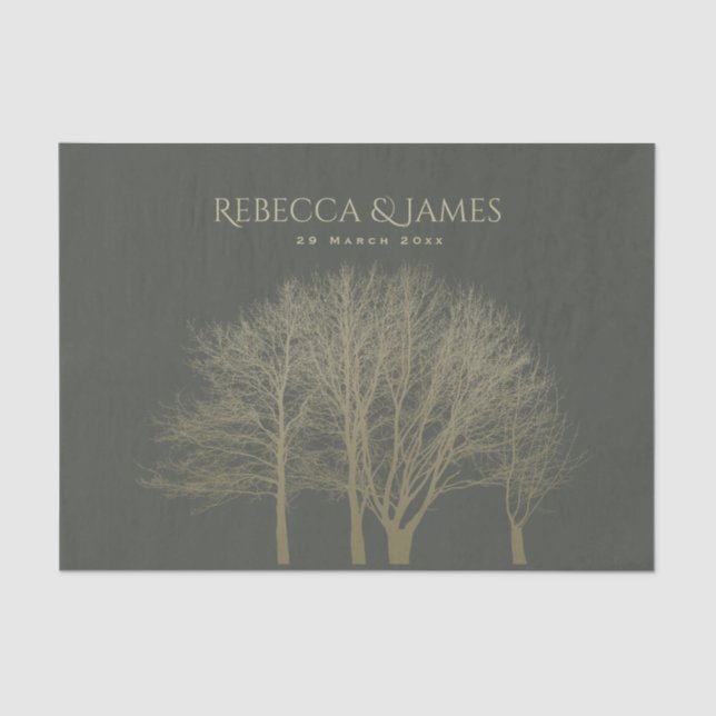 ELEGANT GREY GOLD FALL AUTUMN TREES MONOGRAM TISSUE PAPER (Front)