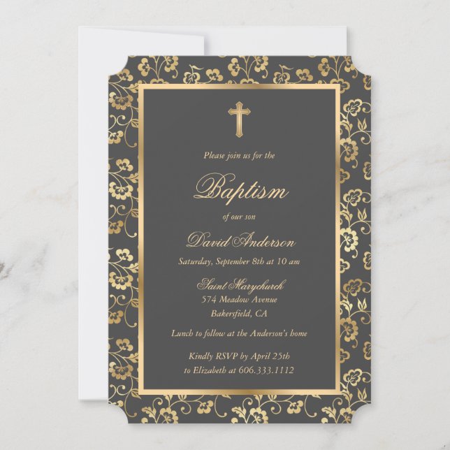 Elegant Grey Gold Floral Boy Baptism Invitation (Front)