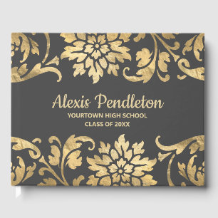 Elegant Grey Gold Flowers Graduation Party Guest Book