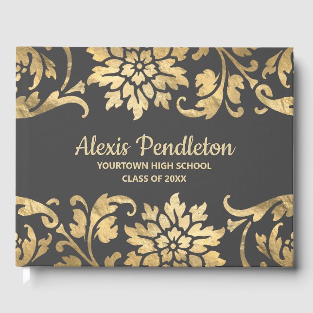 Elegant Grey Gold Flowers Graduation Party Guest Book (Front)
