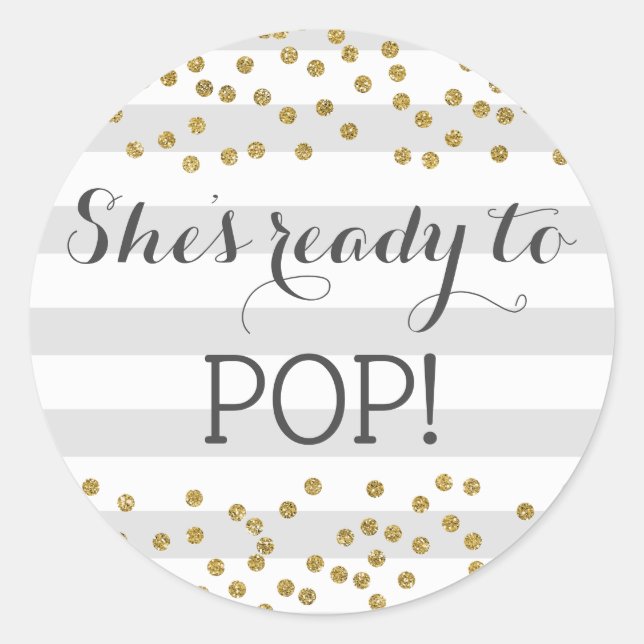 Elegant Grey Gold Neutral Baby Shower Ready to Pop Classic Round Sticker (Front)