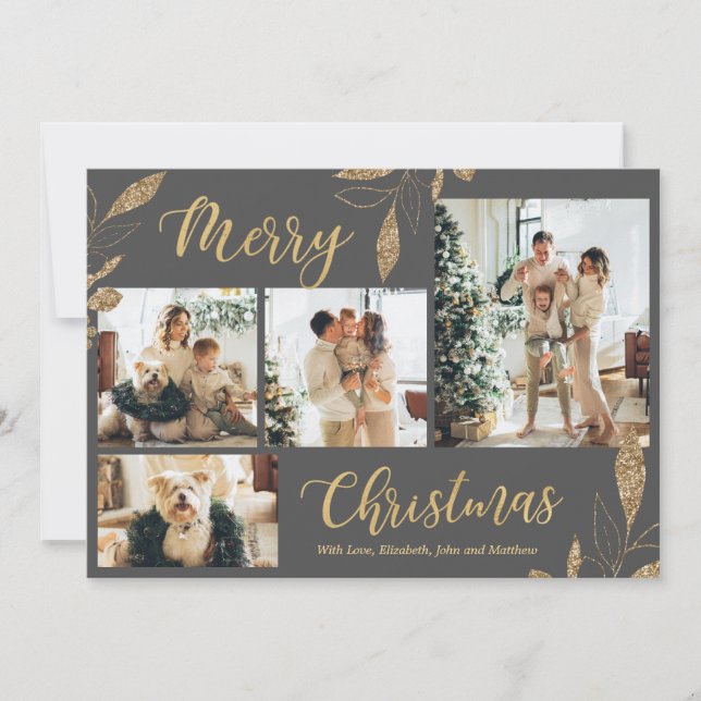 Elegant Grey Gold Photo Collage Christmas Card (Front)