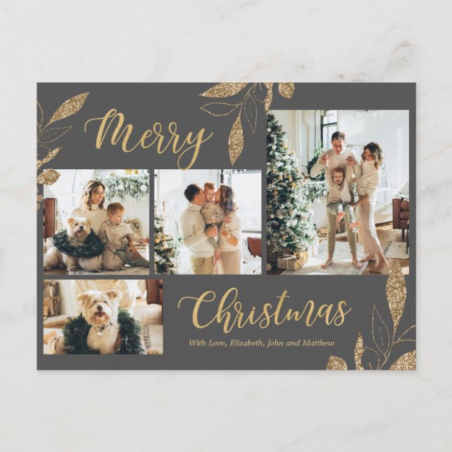 Elegant Grey Gold Photo Collage Christmas Postcard (Front)