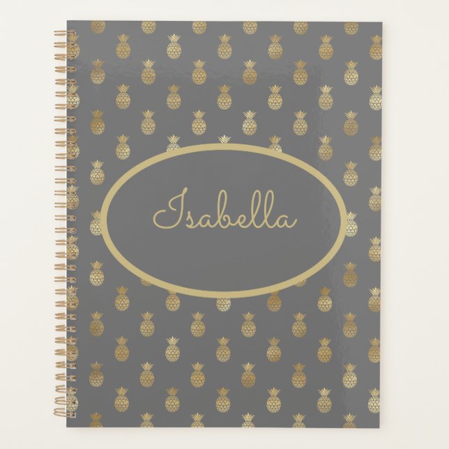 Elegant Grey & Gold Pineapple Personalised  Planner (Front)
