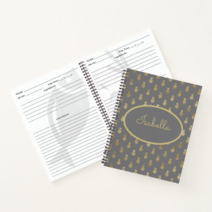 Elegant Grey & Gold Pineapple Personalised Recipe Notebook