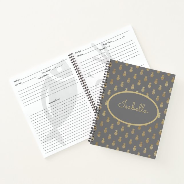 Elegant Grey & Gold Pineapple Personalised Recipe Notebook (Inside)