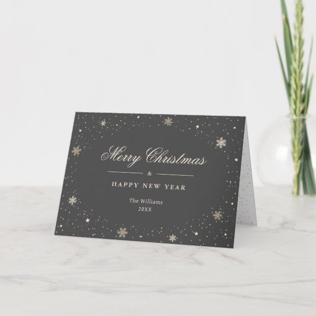 Elegant Grey Gold Snow Snowflakes Holiday Card (Front)